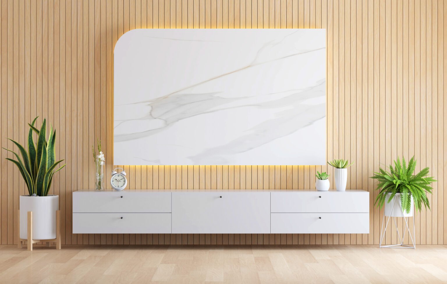 Marble on wall in living room interior for mock up , 3D rendering