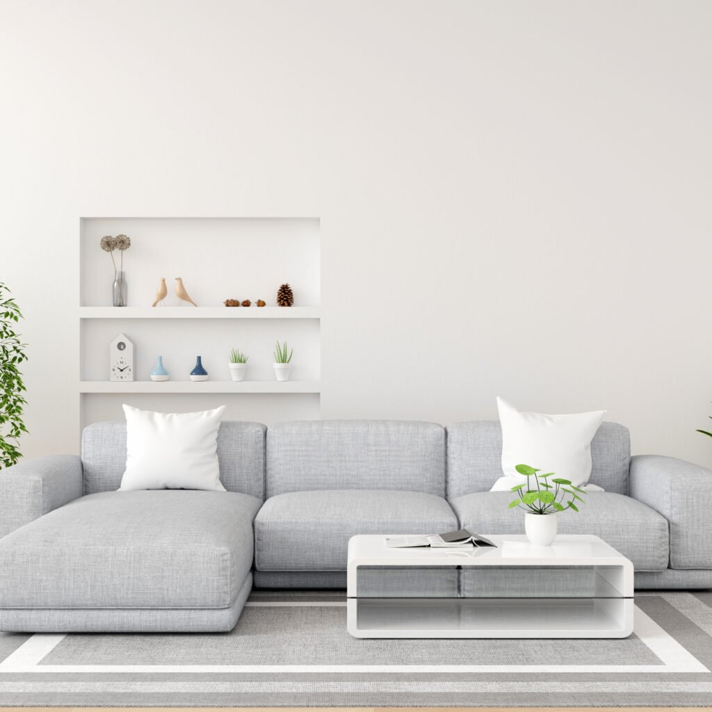 Gray sofa in white living room interior with copy space, 3D rendering