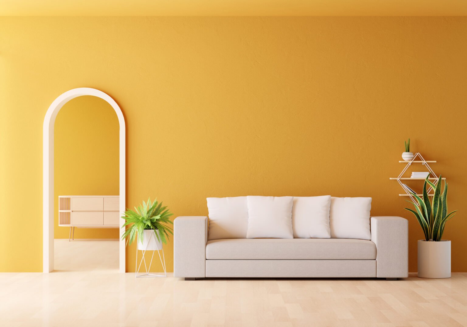 Yellow living room interior with copy space for mock up, 3D rendering