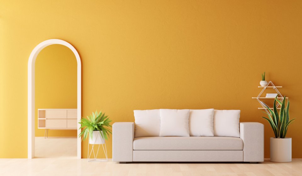 Yellow living room interior with copy space for mock up, 3D rendering